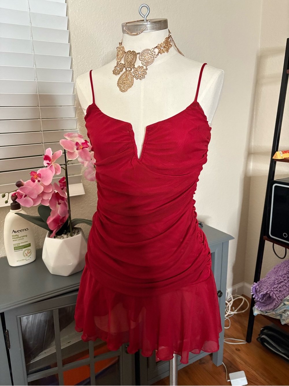 Red Spaghetti-Strap Ruched Mini Dress